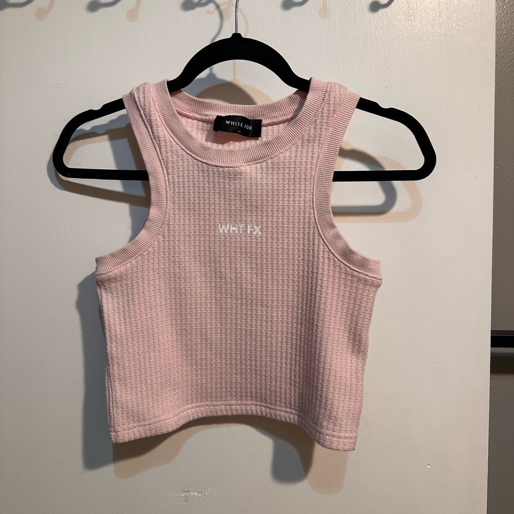 SOLD DO NOT BUY White fox pink high neck cropped waffle knit tank top